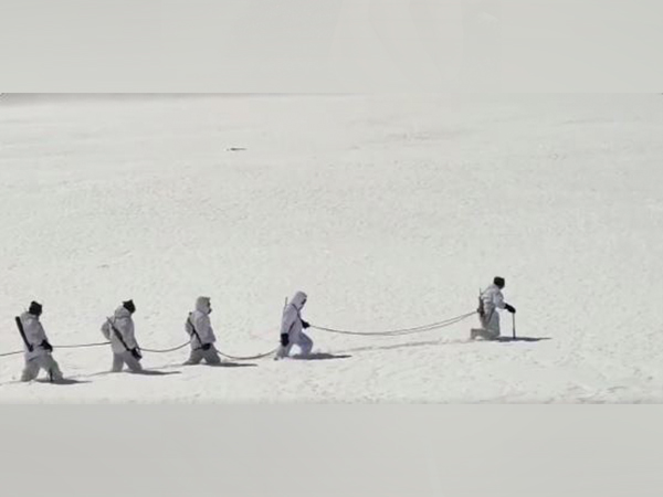Indo-Tibetan Border Police (ITBP) personnel patrolling in a snow-bound area at 15,000 feet