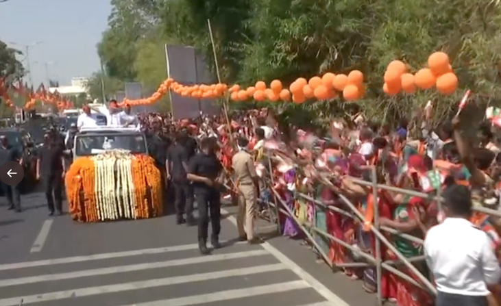 Prime Minister Narendra Modi is holding a roadshow from Gujarat airport