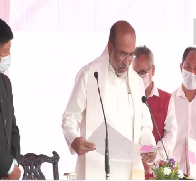 N Biren Singh taking oath as the Chief Minister of Manipur