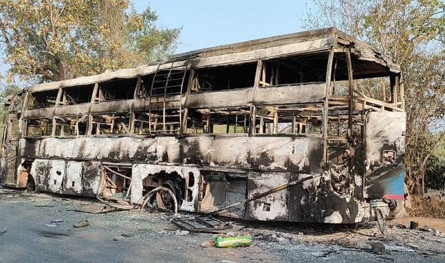 Bus set ablaze by Maoists in Alluri Sitha Ramaraju