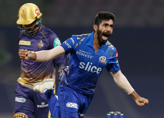 Jasprit Bumrah celebrates after picking one of his five wickets in the MI-KKR IPL 2022 game