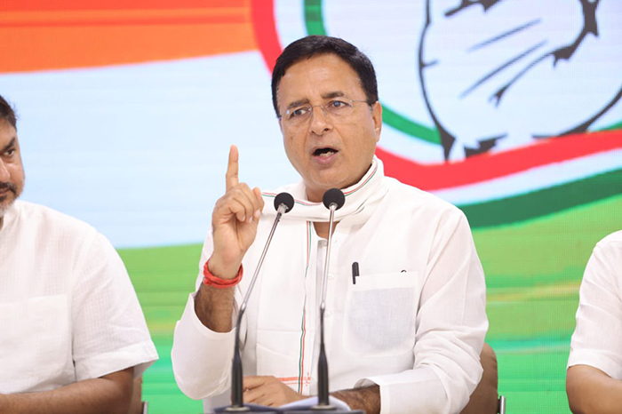 Congress Communications department chief Randeep Singh Surjewala addresses press conference