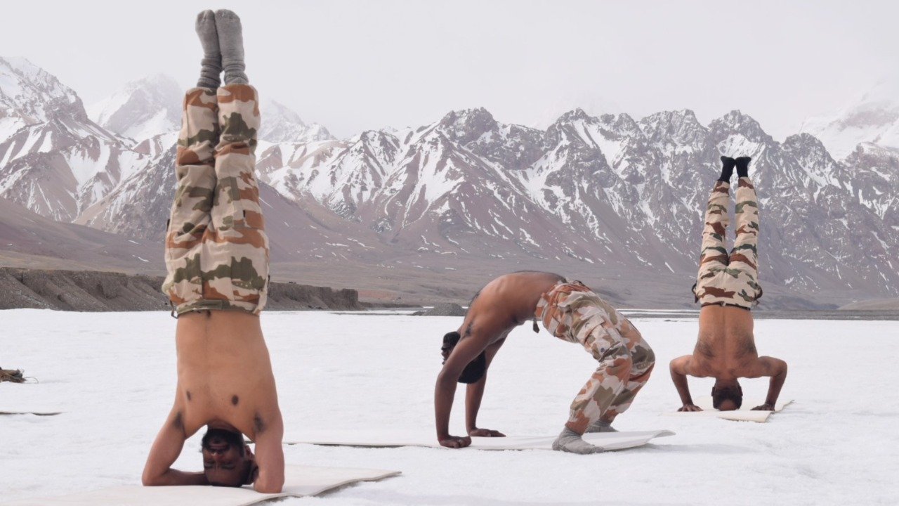 Indo-Tibetan Border Police personnel practises yoga