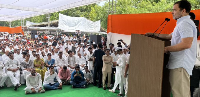 Congress leader Rahul Gandhi addressing Party leaders and workers at AICC headquarters