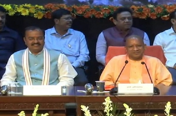 CM Yogi Adityanath (right) addressing the Press, with Dy CM Keshav Prasad Maurya