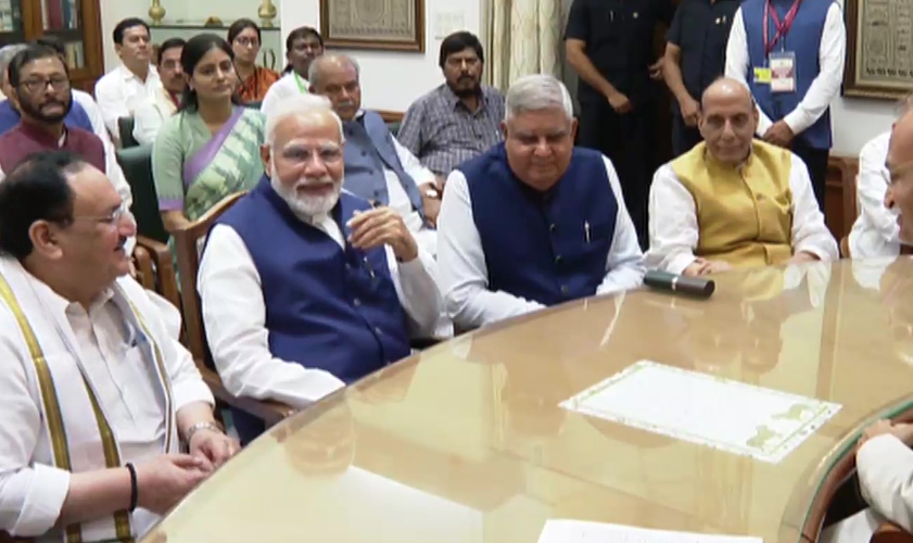 Jagdeep Dhankhar (3rd from right) files nomination papers in the presence of BJP President JP Nadda, PM Narendra Modi and (extreme right) Defense Minister Rajnath Singh