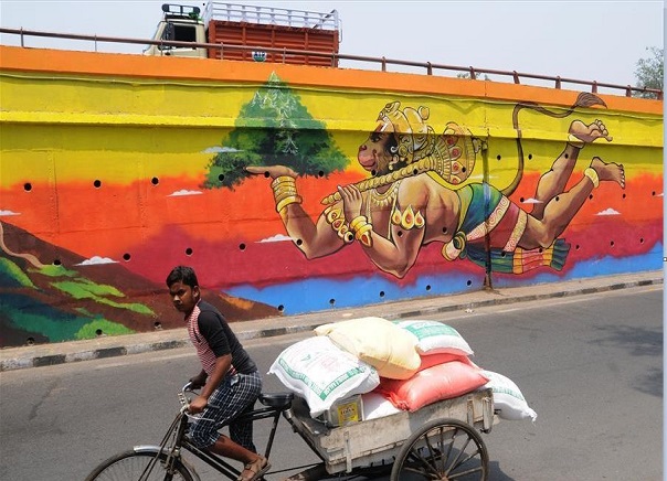 Graffiti of Lord Hanuman made on a flyover bridge's wall in New Delhi; 2018