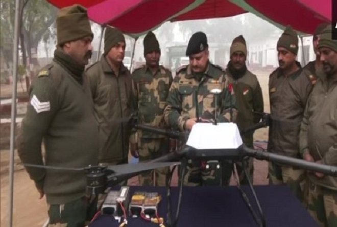BSF troops with a Pak drone that was shot down