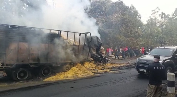 Two killed as vehicles catch fire in road accident