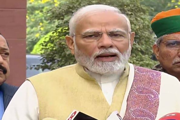 Prime Minister Narendra Modi addressing media outside Parliament