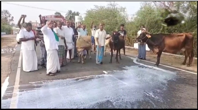 Dairy farmers spill milk on road in Erode demanding increase in procurement prices