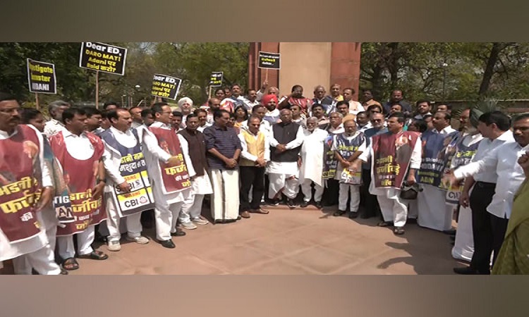 Opposition MPs protest in Parliament complex over Adani Issue