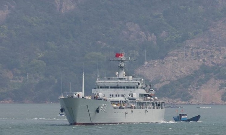 A Chinese warship sails during a military drill near Fuzhou, Taiwan