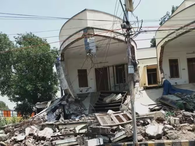 Partially demolished office of Atiq Ahmed wherein blood marks were found