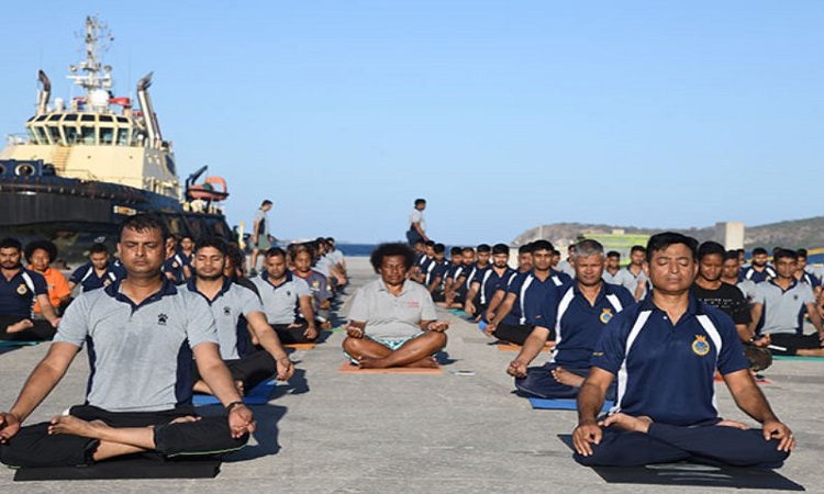 Indian Naval Teams Doing Yoga at Port