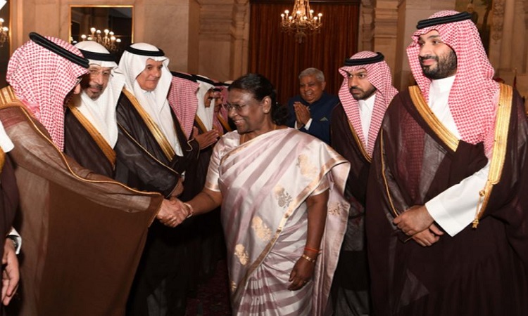 President Droupadi Murmu and Saudi Arabia's Crown Prince Mohammed bin Salman bin Abdulaziz Al Saud