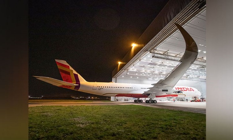 Air India Airbus A350 aircraft at the Airbus paint shop in Toulouse, France