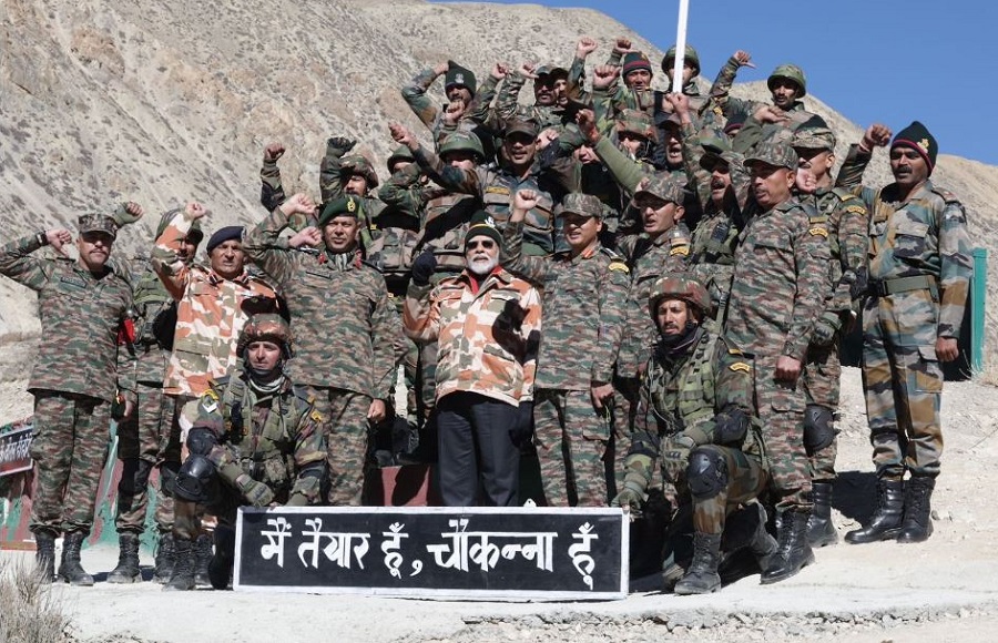PM Modi with soldiers in Lepcha