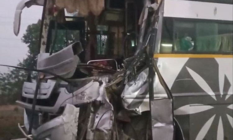 The front portion of one of the buses involved in the crash was completely damaged