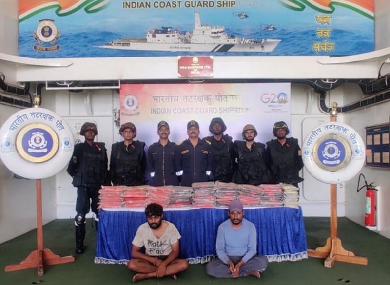 Visual of crew members apprehended by the Indian Coast Guard unit